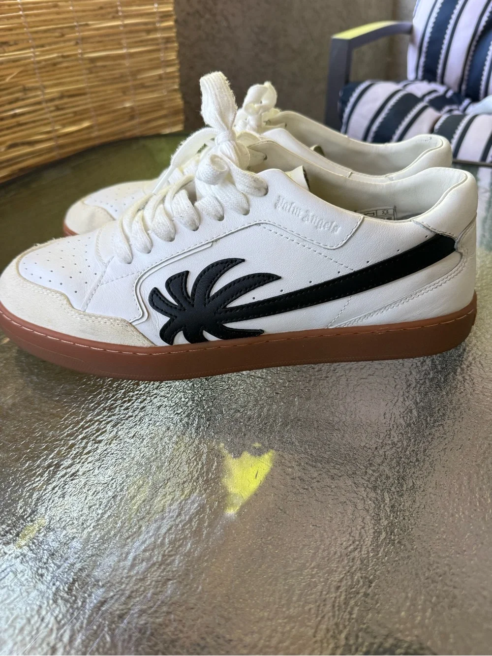 Palm Angels White Leather Sneakers with Black Palm Logo - Picture 7 of 11